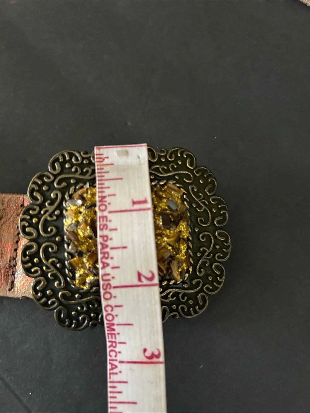 Tooled Tan Leather Belt with Ornate Amber Buckle